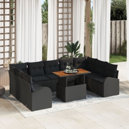 Set de Jardín de 10 Piezas con Cojines Negro Ratán Poli Acacia