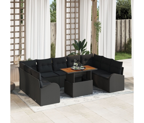 Set de Jardín de 10 Piezas con Cojines Negro Ratán Poli Acacia