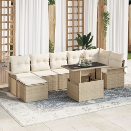 Conjunto de Sofá de Jardín de 8 Piezas con Cojines Beige Poliratán