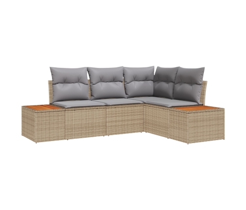 Conjunto de Sofá de Jardín de 4 Piezas con Cojines Beige Poliratán Acacia