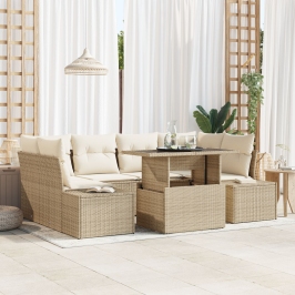 Conjunto de Sofá de Jardín de 7 Piezas con Cojines Beige de Ratán Poliéster