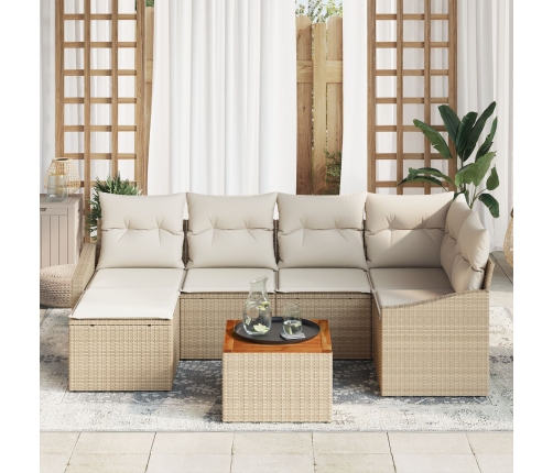 Conjunto de sofá de 7 piezas con cojines beige de poliratán acacia