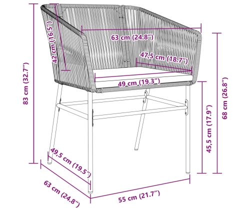 Set de 3 Marrón PE Rattan Mediano Silla de Jardín Cuadrada