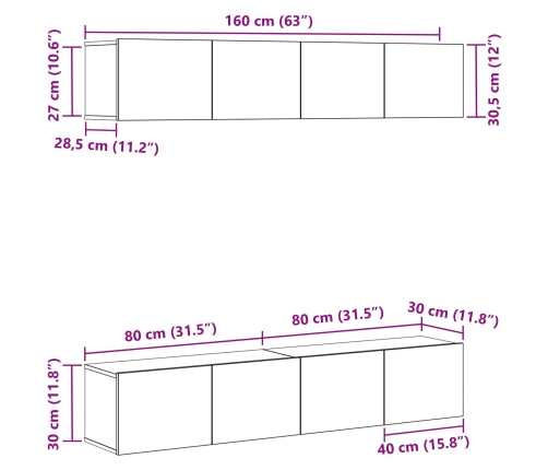 Conjunto de 4 piezas de gabinete de TV de pared de  en madera de roble negro