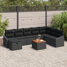 Set de sofá de jardín de 9 piezas con cojines ratán negro