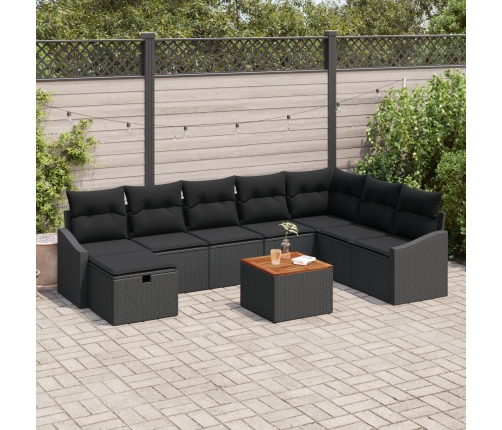 Set de sofá de jardín de 9 piezas con cojines ratán negro