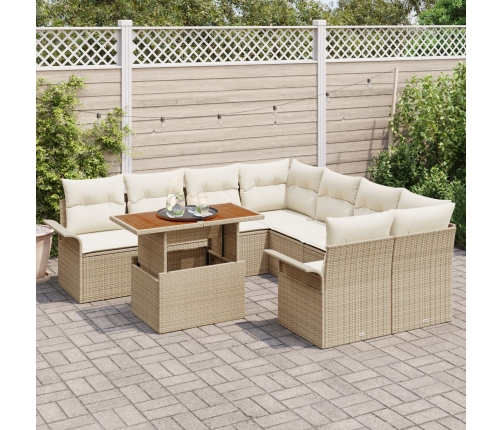Conjunto de Sofá de Jardín de 9 Piezas con Cojines Beige Ratán Poliuretano