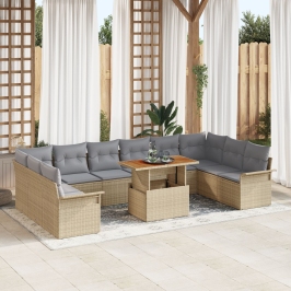 Conjunto de Comedor de Jardín de 11 Piezas con Cojines Beige Poli Ratán Acacia