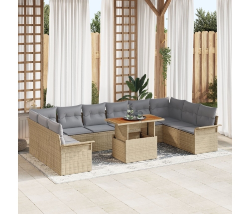 Conjunto de Comedor de Jardín de 11 Piezas con Cojines Beige Poli Ratán Acacia