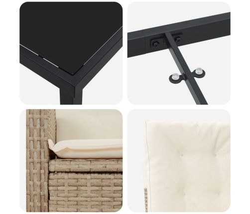 Set de Comedor de Jardín de 3 Piezas con Cojines Beige Poliratán