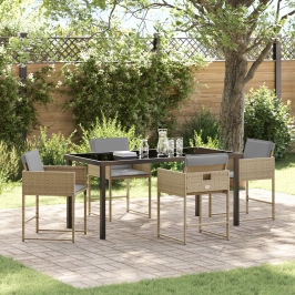 Juego de Comedor de Jardín de 5 Piezas con Cojines Beige Rattan Poliéster