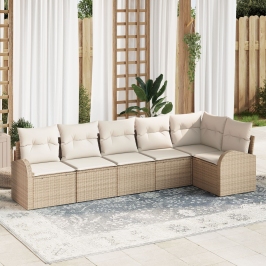 Conjunto de Sofá de Jardín de 6 Piezas con Cojines Beige Ratán Poliéster