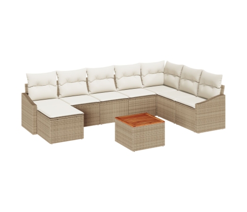 Set de Sofás de Jardín  de 9 Piezas con Cojines Beige Ratán Poliéster Acacia