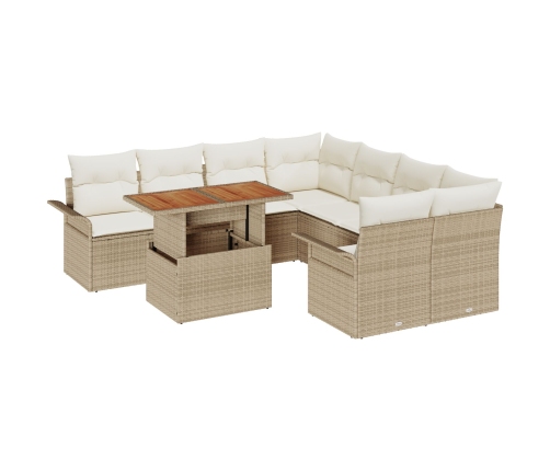 Conjunto de Sofá de Jardín de 9 Piezas con Cojines Beige Ratán Poliuretano