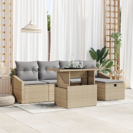 Conjunto de Sofá de Jardín de 6 Piezas con Cojines Beige de Poliratán