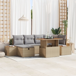 Conjunto de Sofá de Jardín de 7 Piezas con Cojines Beige de Ratán Poliéster