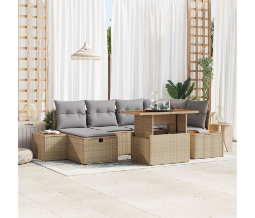 Conjunto de Sofá de Jardín de 7 Piezas con Cojines Beige de Ratán Poliéster