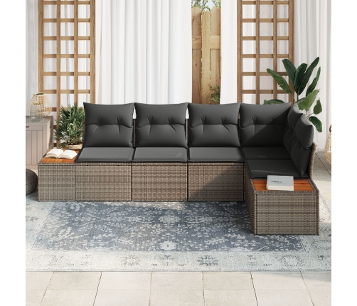 Conjunto de Sofá de Jardín de 5 piezas con Cojines Gris Poliratán Acacia