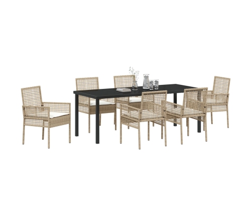 Conjunto de Comedor de Jardín de 7 Piezas con Cojines Beige de Ratán