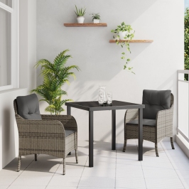 Set de Comedor de Jardín de 3 Piezas con Cojines Gris Poliratán