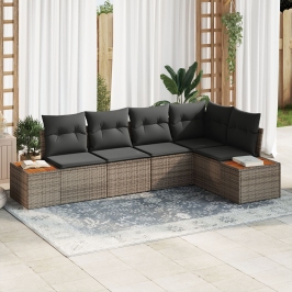 Conjunto de Sofá de Jardín de 5 piezas con Cojines Gris Poliratán Acacia