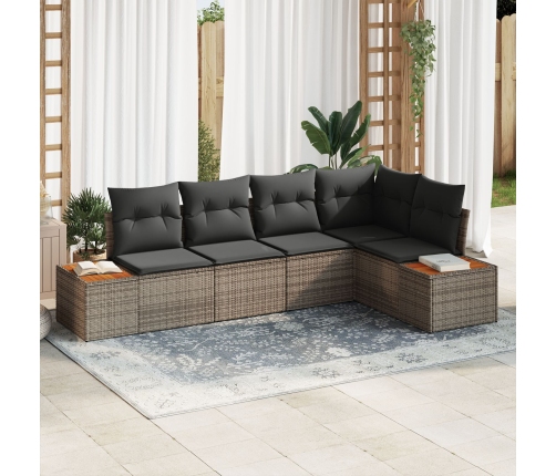 Conjunto de Sofá de Jardín de 5 piezas con Cojines Gris Poliratán Acacia