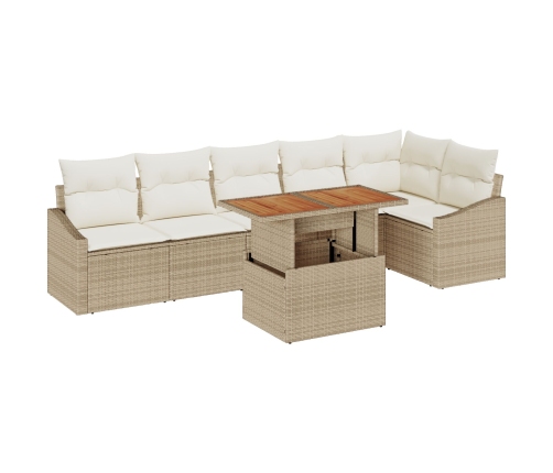 Juego de Comedor de Jardín de 7 Piezas con Cojines Beige de Ratán Sintético Acacia