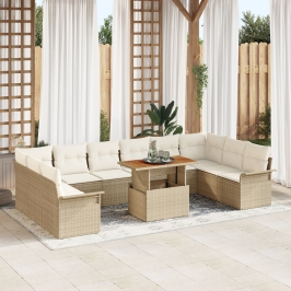 Conjunto de Comedor de Jardín de 11 Piezas con Cojines Ratán Beige Acacia