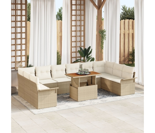 Conjunto de Comedor de Jardín de 11 Piezas con Cojines Ratán Beige Acacia