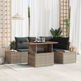 Conjunto de Comedor Jardín de 5 Piezas con Cojines Gris Ratán de Poliéster Acacia