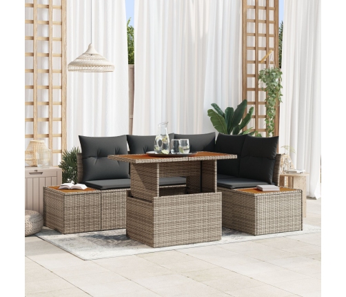 Conjunto de Comedor Jardín de 5 Piezas con Cojines Gris Ratán de Poliéster Acacia