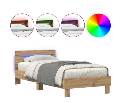 Estructura de Cama  con Luces LED Roble Artisan 90x200 cm Madera Ingenierizada
