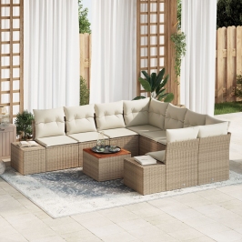 Juego de Sofás de Jardín Juego de 9 Beige y crema Rattan, Poliéster