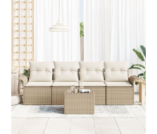 Conjunto de Sofá de Jardín de 5 Piezas con Cojines Beige Poliratán