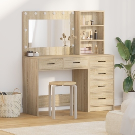 Conjunto de Mesa de Tocador de 2 Piezas con LED de Madera Elaborada en Roble Sonoma