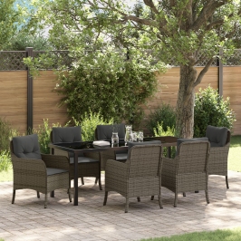 Conjunto de Comedor de Jardín de 7 Piezas con Cojines Gris de Ratán Poliéster