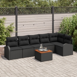 Conjunto de Sofás de Jardín de 7 Piezas con Cojines Negro Poliratán Acacia