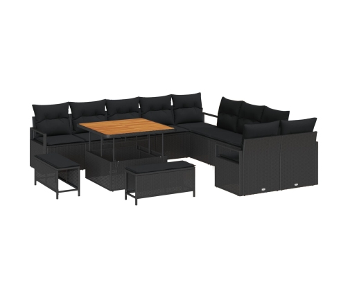 Set de Sofá de Jardín  de 13 Piezas con Cojines Negro Poliratán Acacia, Sofá de Jardín de 2 Plazas con Almacenamiento y Cojines Negro Poliratán, Set de Comedor de Jardín de 3 Piezas con Cojines Negro Poliratán Acacia