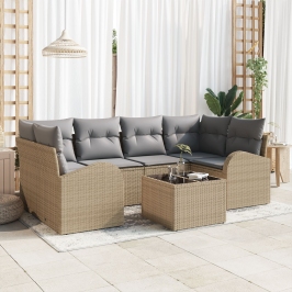 Conjunto de Sofá de Jardín de 7 Piezas con Cojines Beige de Ratán de Poliéster