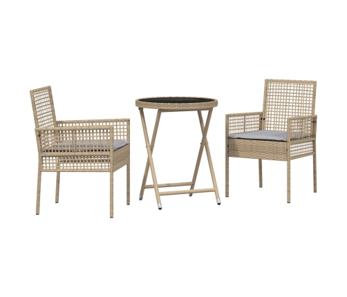 Conjunto de Bistro de Jardín de 3 Piezas  con Cojines Beige de Poliratán