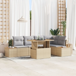 Set de Sofá de Jardín  Conjunto de 6 Beige Ratán, Poliéster, Acero