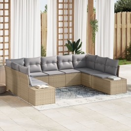 Set de Sofá de Jardín de 9 Piezas con Cojines Beige de Ratán Poliéster
