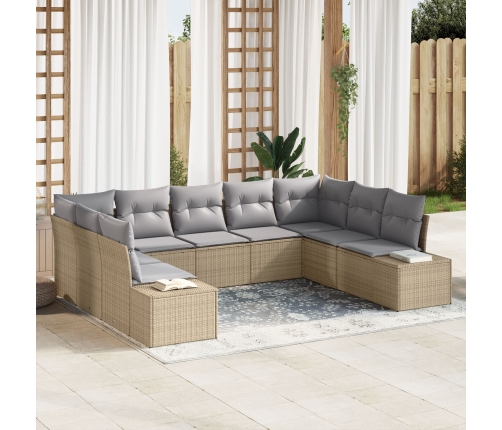 Set de Sofá de Jardín de 9 Piezas con Cojines Beige de Ratán Poliéster