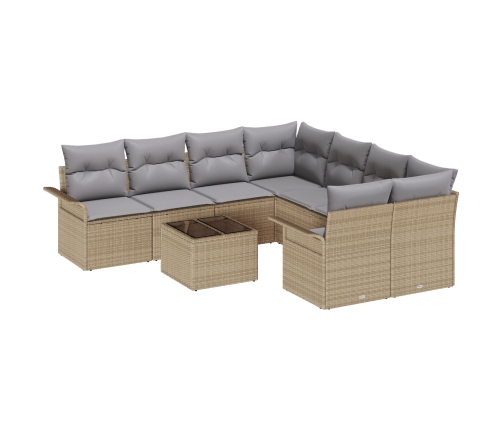 Juego de Sofá de Jardín de 9 Piezas con Cojines Beige Poli Rattan,  Sofá de Jardín de 2 Plazas con Almacenamiento y Cojines Beige Poli Rattan