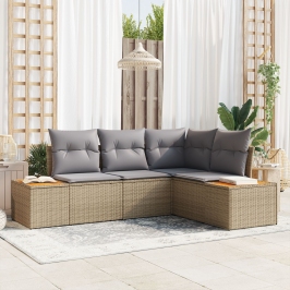 Conjunto de Sofá de Jardín de 4 Piezas con Cojines Beige Poliratán Acacia