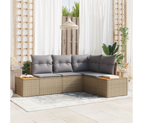 Conjunto de Sofá de Jardín de 4 Piezas con Cojines Beige Poliratán Acacia