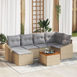 Juego de sofá de jardín de 7 piezas con cojines Beige Poli Ratán Acacia