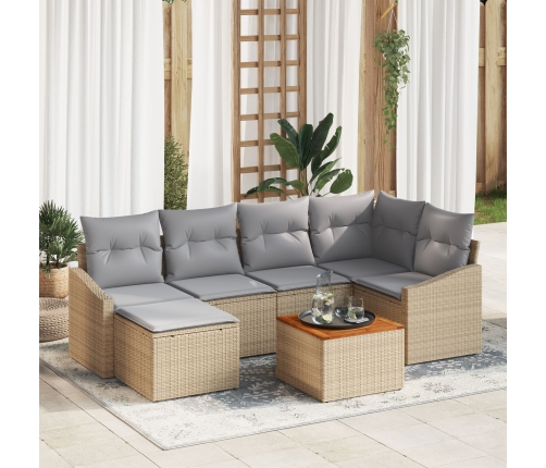 Juego de sofá de jardín de 7 piezas con cojines Beige Poli Ratán Acacia