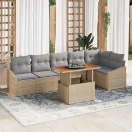 Conjunto de Comedor de Jardín de 7 Piezas con Cojines Beige de Poliratán y Acacia