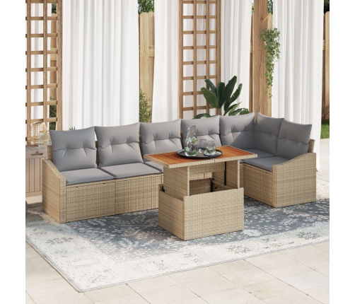 Conjunto de Comedor de Jardín de 7 Piezas con Cojines Beige de Poliratán y Acacia